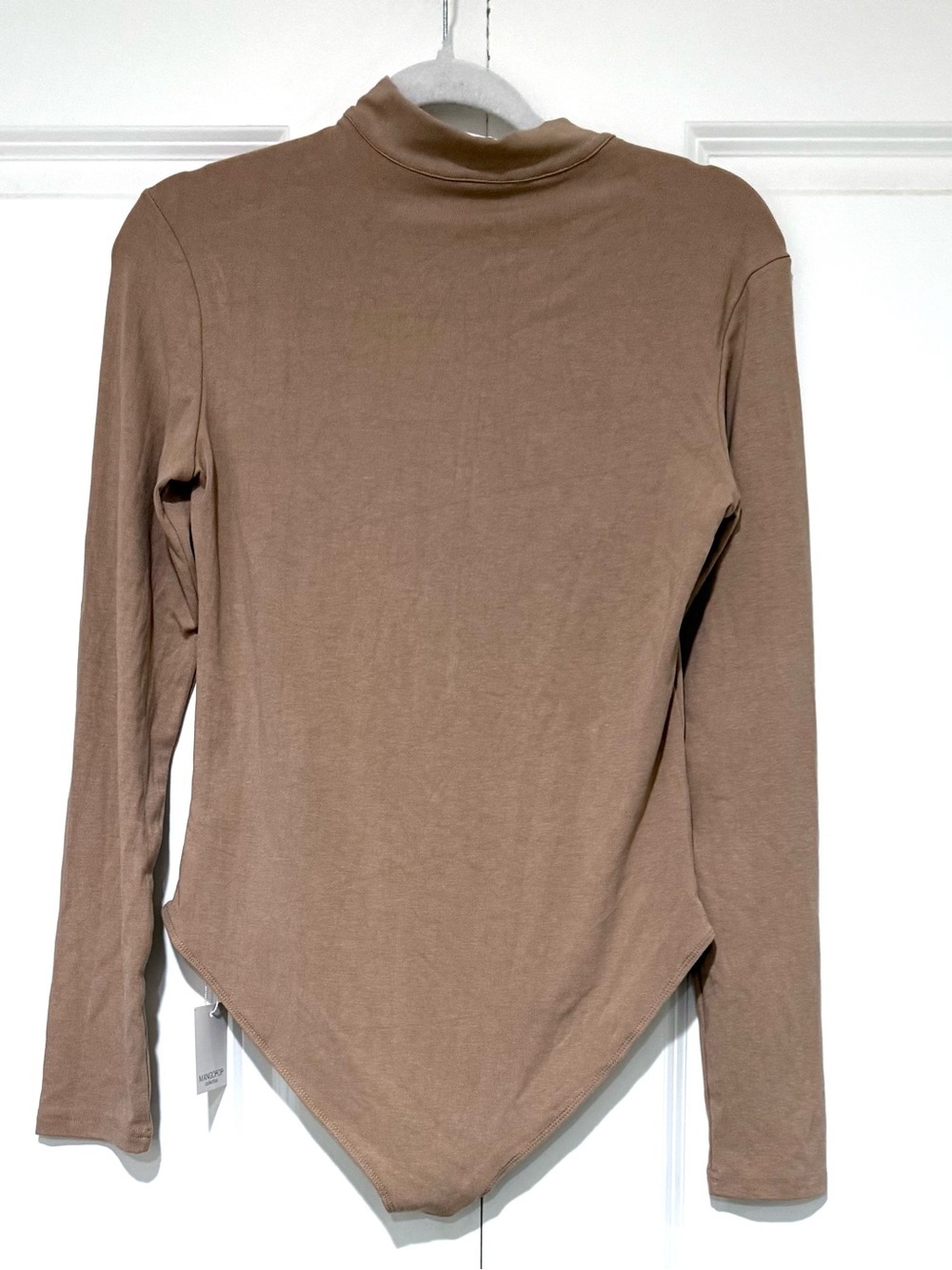 Women’s Long Sleeve Mock Neck Bodysuit Top in Beige